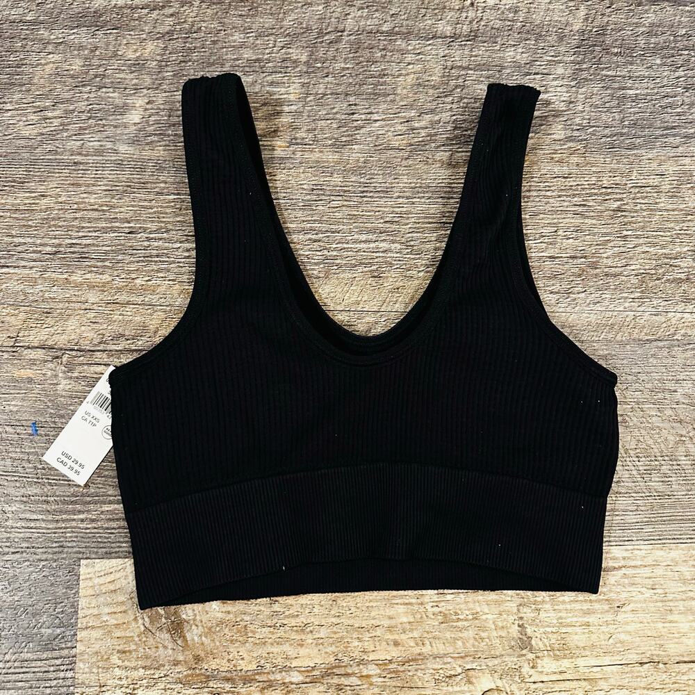 Aerie Women's Black Ribbed Scoop Neck Padded Real Good Sport Bra Size XXS NWT - Picture 2 of 3